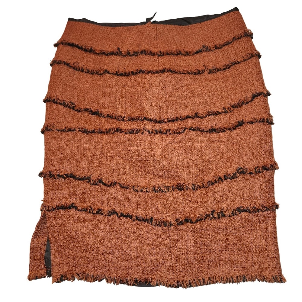 Lafayette 148 New York Rust Virgin Wool Fringe Tiered Pencil Skirt 12 luxury